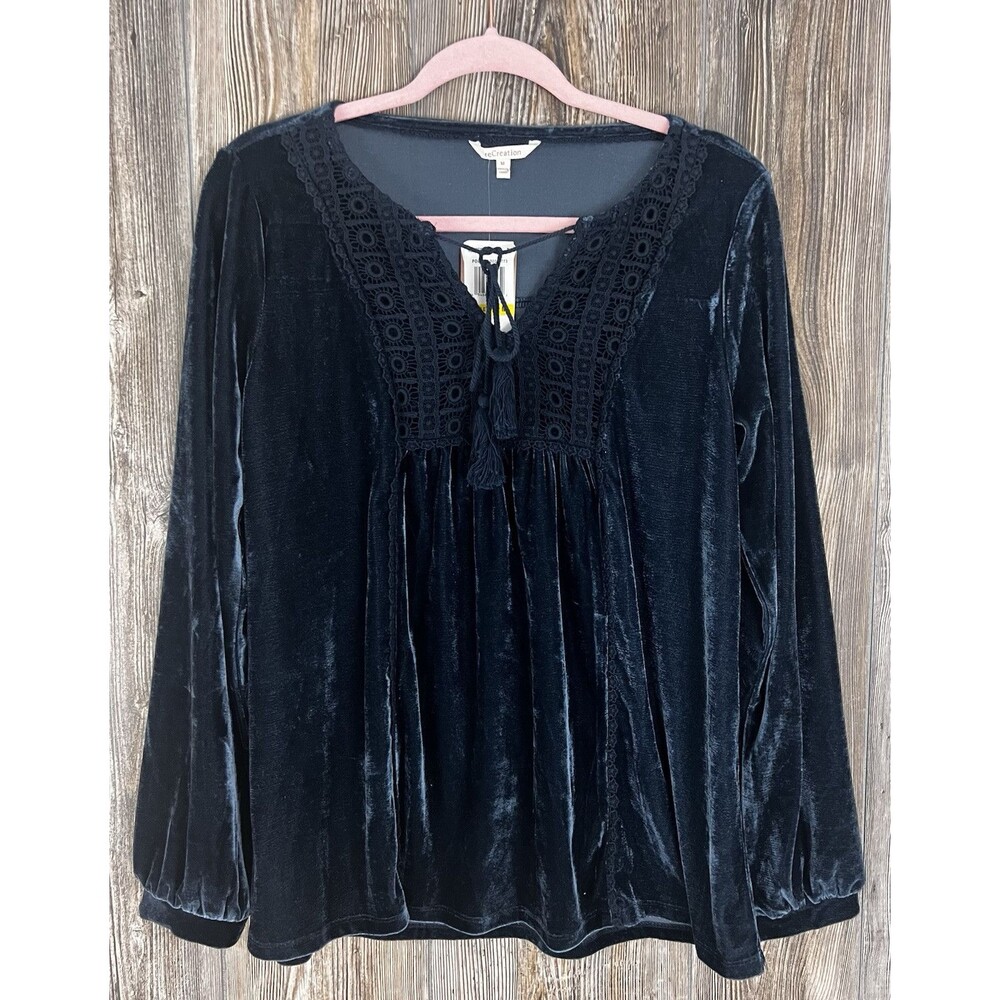 reCreation M Blue Velour Babydoll Top Blouse Eyelet Detail FairyCore Whimsigoth‎